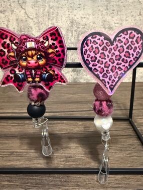 Pink Leopard Heart & Cute Cow Badge Reel Set